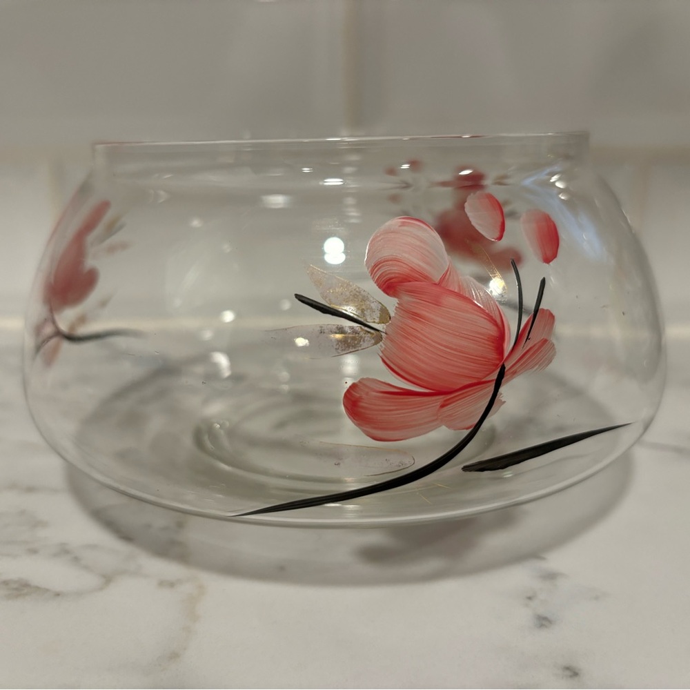 Decorative Glass Bowl with Painted Flowers